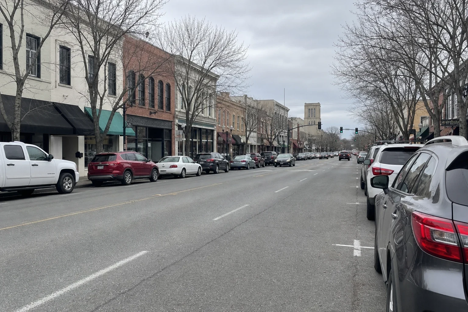 Downtown main street with two-story brick and stucco storefronts, bare trees, cars parked along both curbs and a tower in the distance under an overcast sky