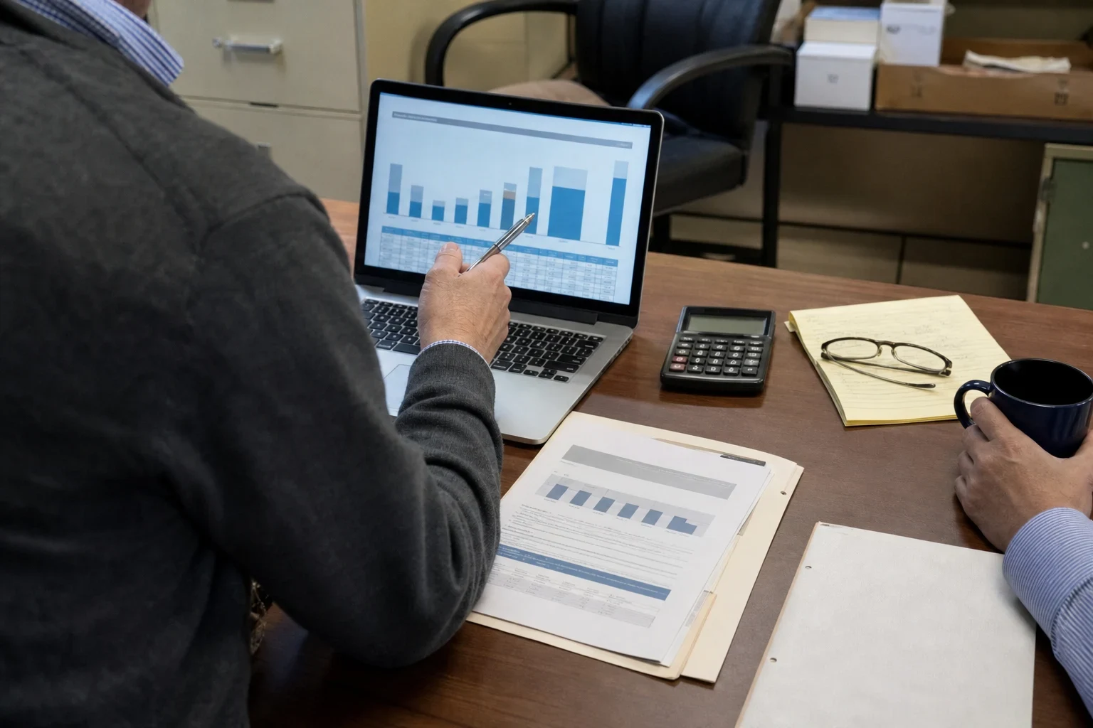 Advisor points a pen at a bar chart on a laptop beside a printed report, calculator and legal pad while a client holds a coffee mug across a back-office desk