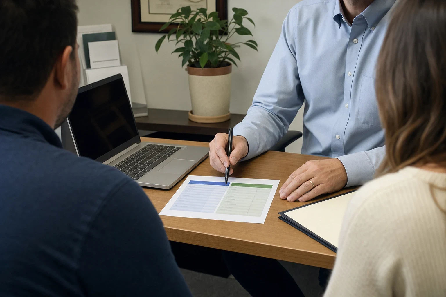 Agent in a light blue button-down points a pen at a coverage comparison sheet on a desk while a couple sits across from him, with a laptop, plant and framed certificate behind