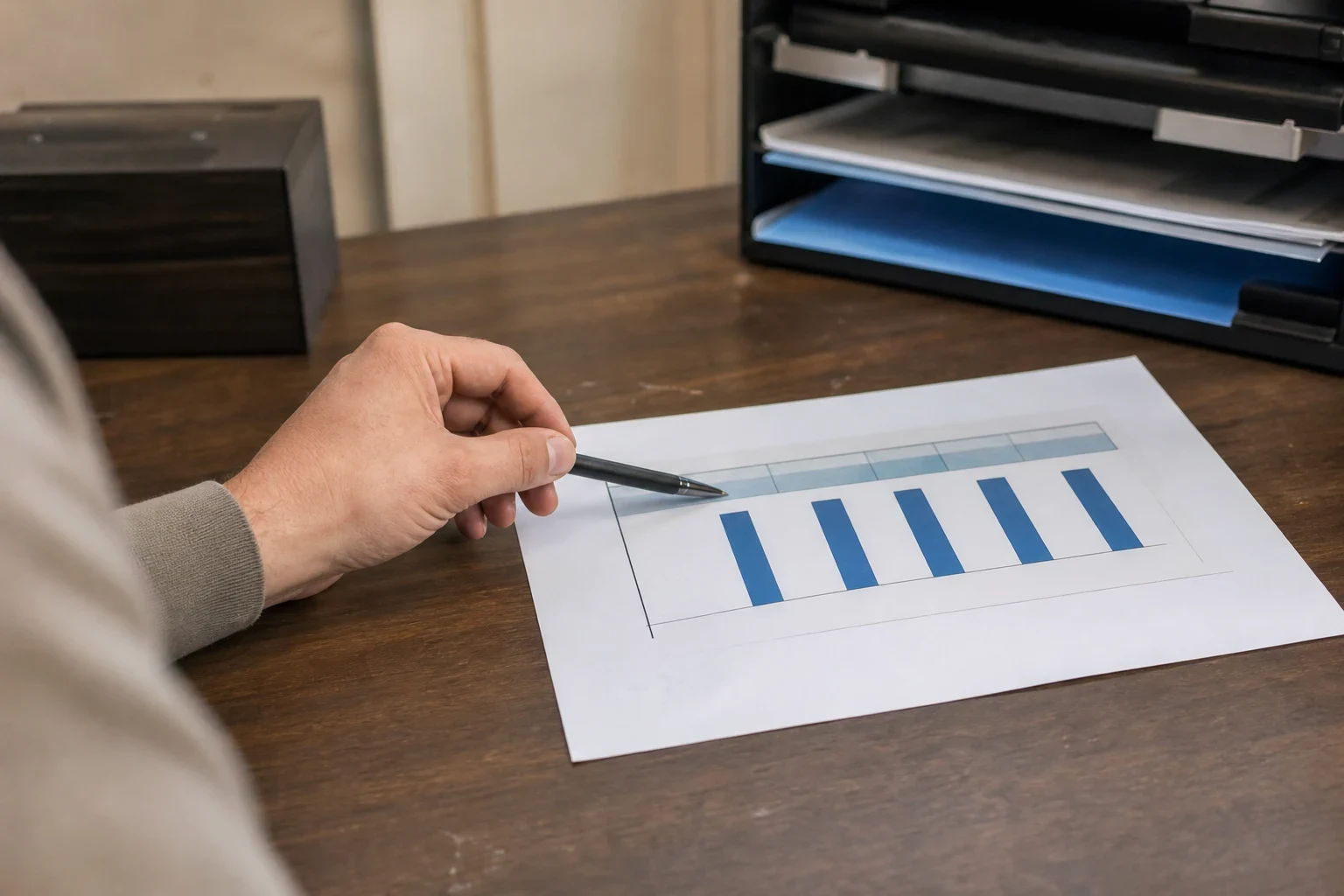 Hand holding a pen points to a simple blue bar chart on a sheet of paper on a wooden office desk beside a black document tray.